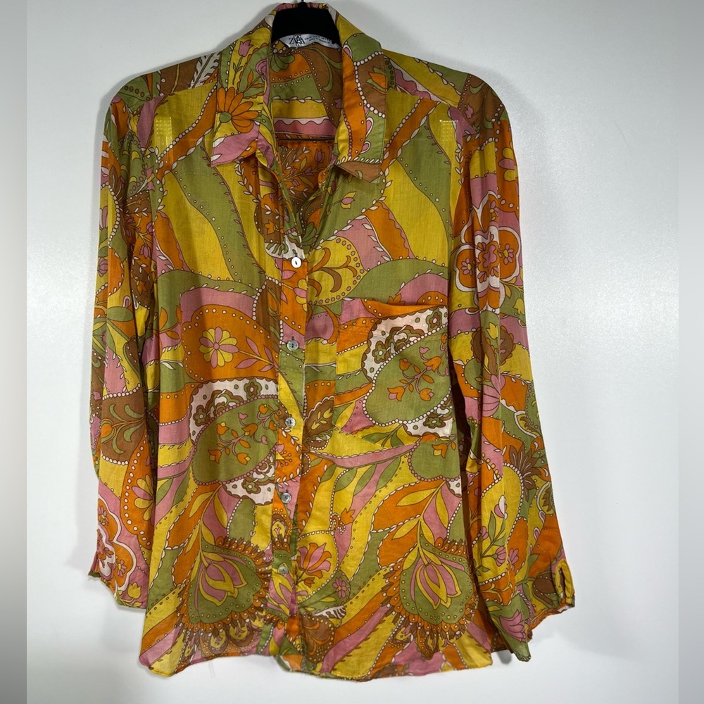 Zara Printed Button Up Cotton Shirt Sz Medium - Picture 8 of 11
